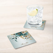 Hochzeitsfeier Türkis Weiße Blume Goldene Blätter Rechteckiger Pappuntersetzer (Vor Ort)