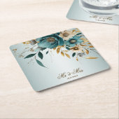 Hochzeitsfeier Türkis Weiße Blume Goldene Blätter Rechteckiger Pappuntersetzer (angewinkelt)