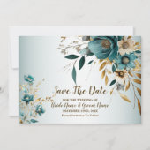 Hochzeitsfeier Türkis Weiße Blume Goldene Blätter Save The Date (Vorderseite)