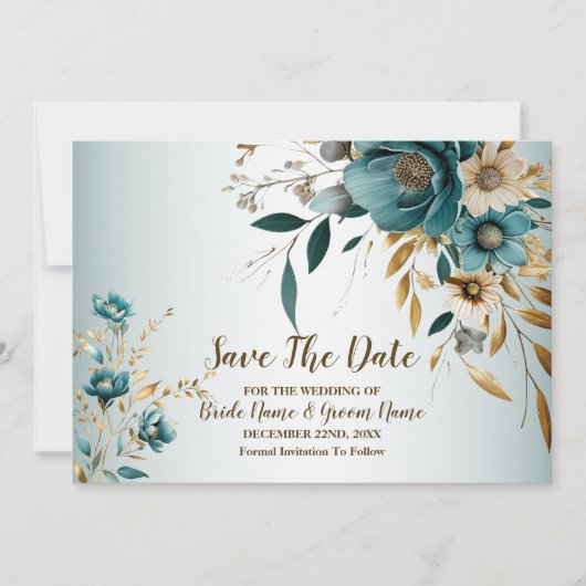 Hochzeitsfeier Türkis Weiße Blume Goldene Blätter Save The Date (Vorderseite)