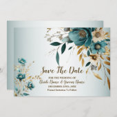 Hochzeitsfeier Türkis Weiße Blume Goldene Blätter Save The Date (Vorne/Hinten)