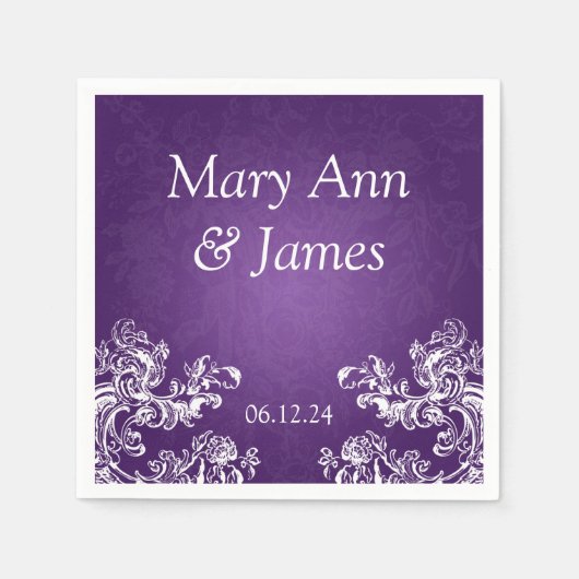 Hochzeitsfeier Vintage Wirbel 2 Lila Serviette (Vorderseite)