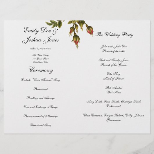 Hochzeitsfeier Vorlage Blumenprogramm Flyer (Rückseite)