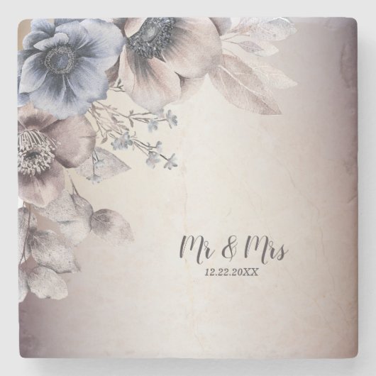 Hochzeitsfeier Wasserfarbe Pastellblau Beige Blume Steinuntersetzer (Vorderseite)