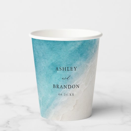 Hochzeitsfeier "Watercolor Ocean Summer Blue Beach Pappbecher (Rückseite)