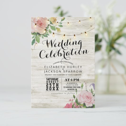 Hochzeitsfeier Weißholz-Blumenzitzer Einladung (Stehend Vorderseite)