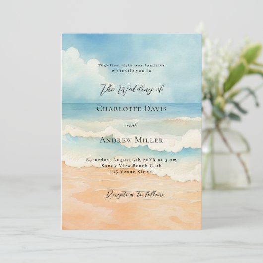 Hochzeitsfeiern am Strand Einladung (Stehend Vorderseite)