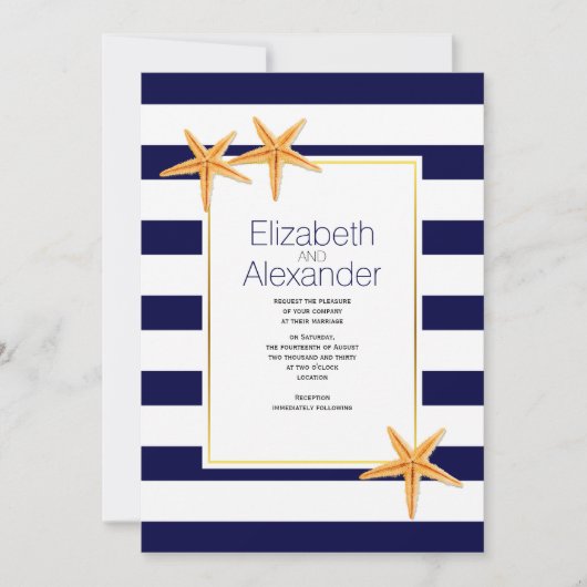Hochzeitsfeiern am Strand mit weißem und marinebla Einladung (Vorderseite)