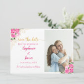 Hochzeitsfeiern im Foto "Floral Pink Roses" Save The Date (Stehend Vorderseite)