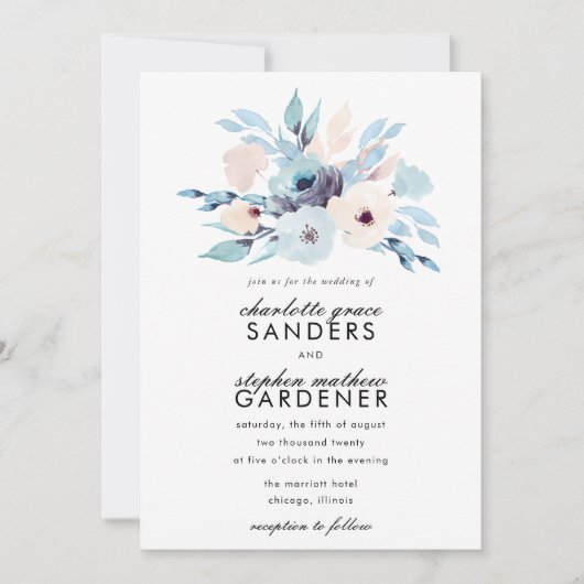 Hochzeitsfeiern in Blau und Pfirsichfarben Einladung (Vorderseite)