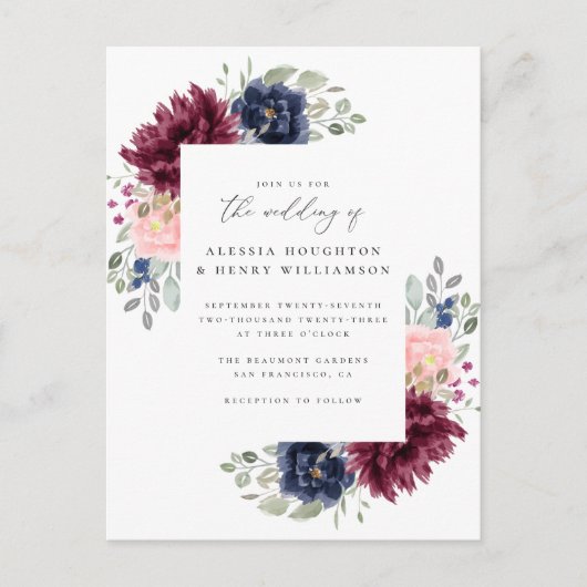 Hochzeitsfeiern in Burgund & Navy Einladungspostkarte (Vorderseite)