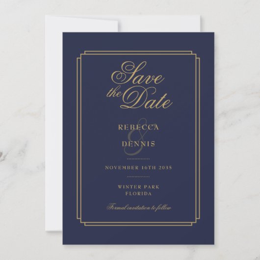 Hochzeitsfeiern in Navy Blue und Gold Script Art D Save The Date (Vorderseite)