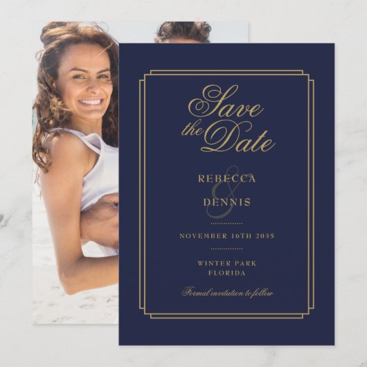Hochzeitsfeiern in Navy Blue und Gold Script Art D Save The Date (Vorne/Hinten)