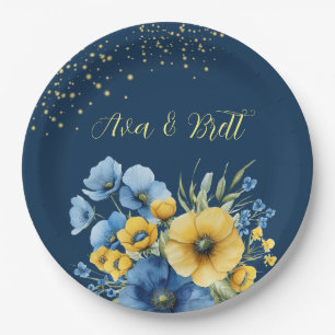 Hochzeitsfeiern in Navy Blue und Yellow Florals Go Pappteller