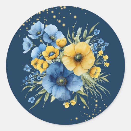 Hochzeitsfeiern in Navy Blue und Yellow Florals Go Runder Aufkleber (Vorderseite)