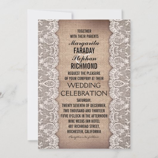 Hochzeitsfeiern mit antiken Spitzen und rustikalen Einladung (Vorderseite)