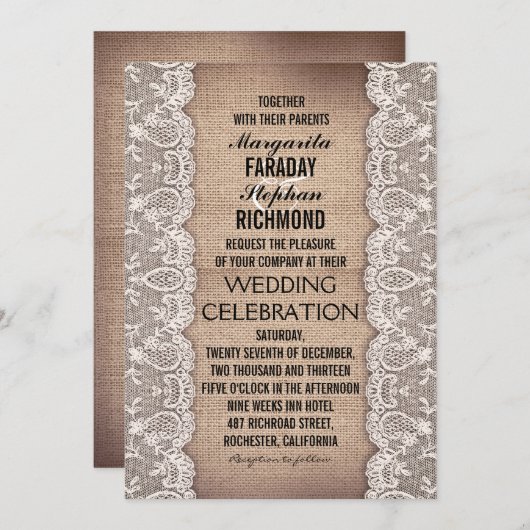 Hochzeitsfeiern mit antiken Spitzen und rustikalen Einladung (Vorne/Hinten)