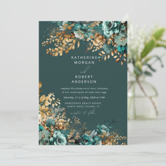 Hochzeitsfeiern mit Aquamariner Goldflora Einladung (Stehend Vorderseite)