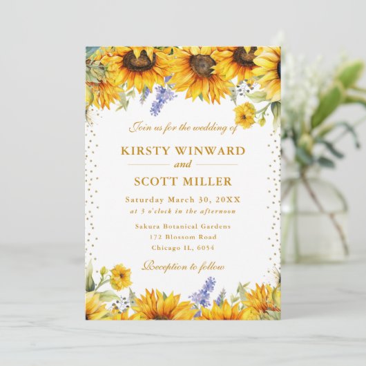 Hochzeitsfeiern mit Aquarellblumen und Goldenem Gl Einladung (Stehend Vorderseite)