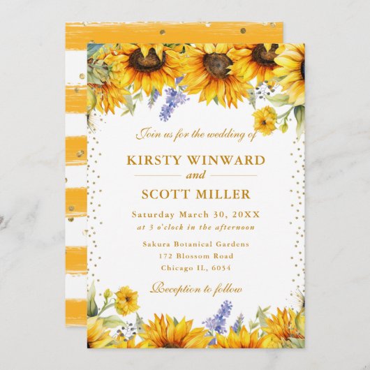 Hochzeitsfeiern mit Aquarellblumen und Goldenem Gl Einladung (Vorne/Hinten)