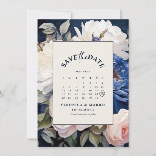 Hochzeitsfeiern mit blauem und düsterblütigem Rosa Save The Date (Vorderseite)