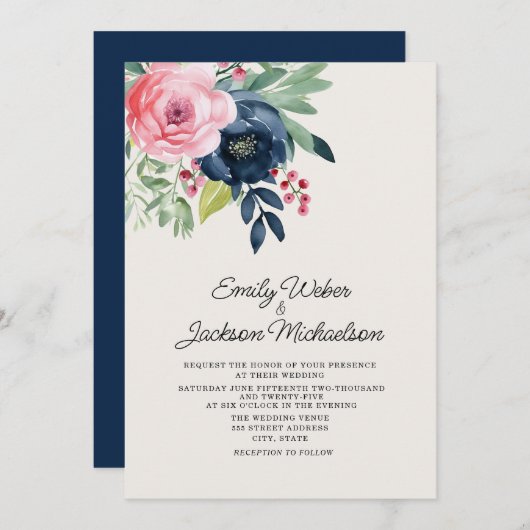 Hochzeitsfeiern mit blauen Blumen in Aquarellfarbe Einladung (Vorne/Hinten)