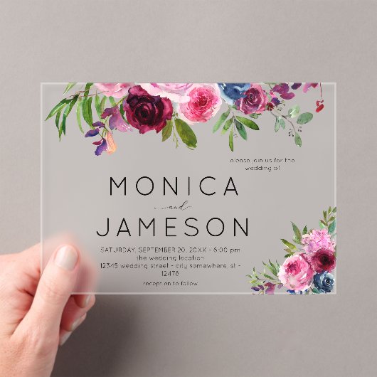 Hochzeitsfeiern mit blauen Blüten in heißen Rosa u Acryleinladungen (Insitu (Handheld))