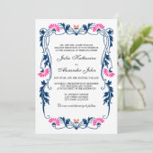 Hochzeitsfeiern mit blauen und Fuchsia-Wirbel Einladung (Stehend Vorderseite)