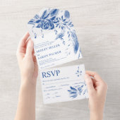 Hochzeitsfeiern mit blauen und weißen Blume All In One Einladung (Abreißen)