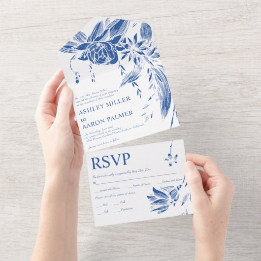 Hochzeitsfeiern mit blauen und weißen Blume All In One Einladung (Abreißen)