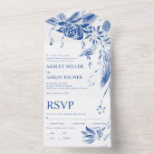Hochzeitsfeiern mit blauen und weißen Blume All In One Einladung (Innen Boden)