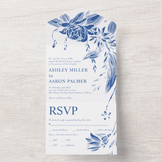 Hochzeitsfeiern mit blauen und weißen Blume All In One Einladung (Innen Boden)