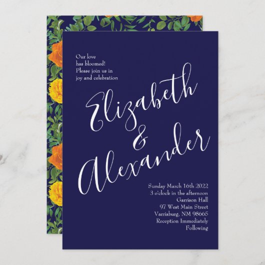 Hochzeitsfeiern mit Blauer Rose und Orangen Einladung (Vorne/Hinten)