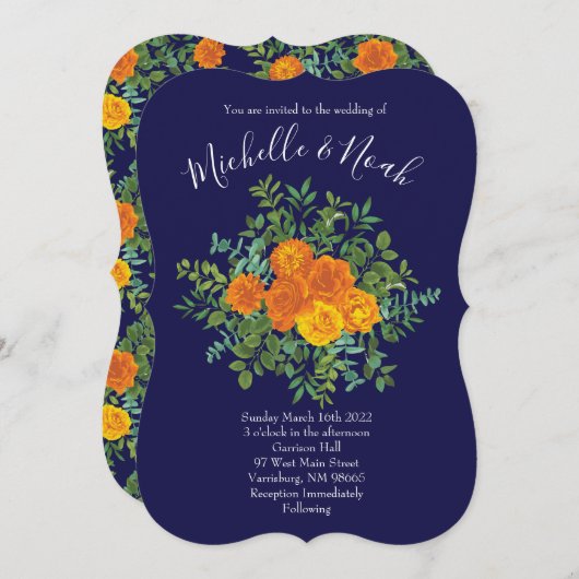 Hochzeitsfeiern mit Blauer Rose und Orangen Einladung (Vorne/Hinten)