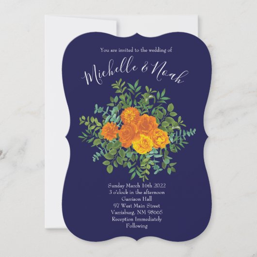 Hochzeitsfeiern mit Blauer Rose und Orangen Einladung (Vorderseite)