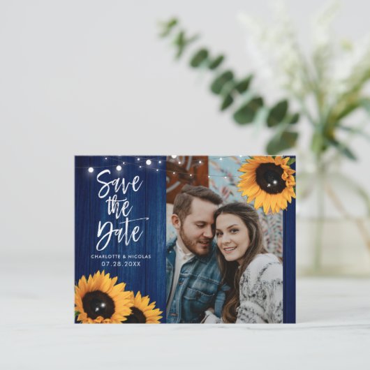 Hochzeitsfeiern mit blauer Sonnenblume speichern d Postkarte (Stehend Vorderseite)