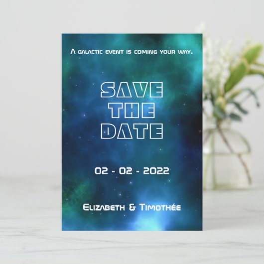Hochzeitsfeiern mit Blauer und Grüner Galaxie Save The Date (Stehend Vorderseite)