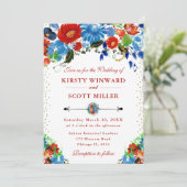 Hochzeitsfeiern mit Blumen und Roten Blumen Einladung (Stehend Vorderseite)