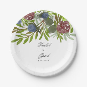 Hochzeitsfeiern mit Burgund und Navy Blue Watercol Pappteller