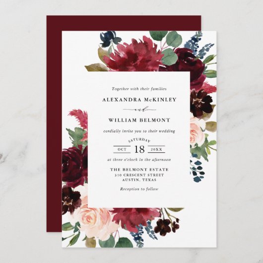 Hochzeitsfeiern mit dem Burgund und Blumen Einladung (Vorne/Hinten)