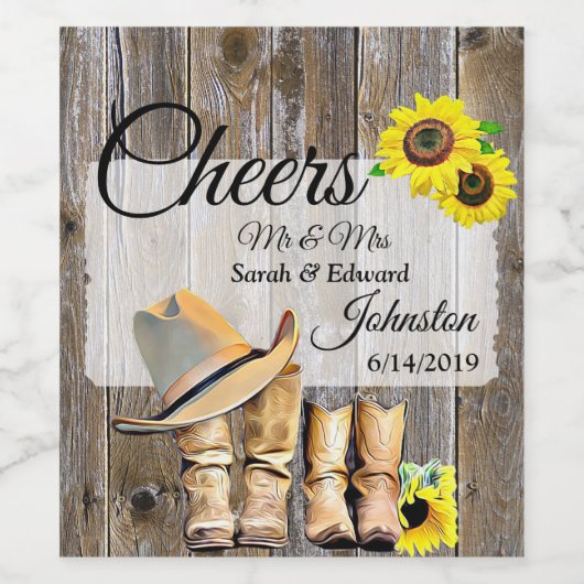 Hochzeitsfeiern mit gewittertem Holz und Sonnenblu Weinetikett (Einzelnes Label)