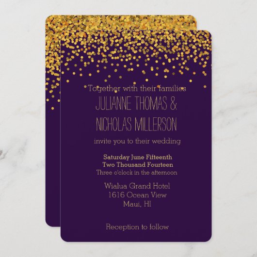 Hochzeitsfeiern mit Gold und Lila Confetti Dots Einladung (Vorne/Hinten)