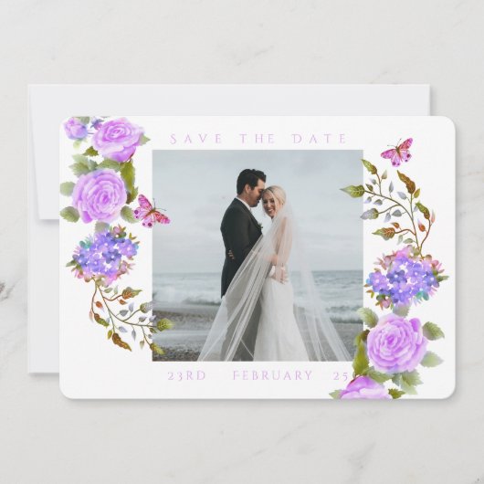 Hochzeitsfeiern mit lila Rose-Multigram-Foto Save The Date (Vorderseite)