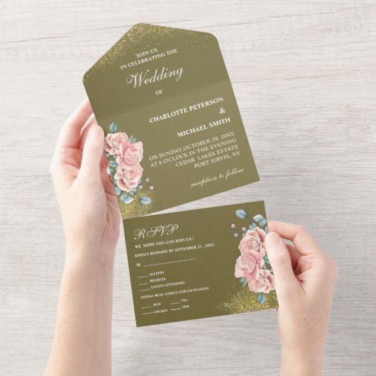 Hochzeitsfeiern mit Rosa und Grün All In One Einladung (Abreißen)