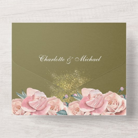 Hochzeitsfeiern mit Rosa und Grün All In One Einladung (Rückseite)