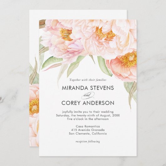 Hochzeitsfeiern mit rosafarbenen Peonies Einladung (Vorne/Hinten)