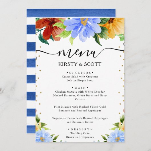 Hochzeitsfeiern mit Rot, Gelb und Blauen Blumen Menükarte (Vorne/Hinten)