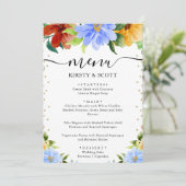 Hochzeitsfeiern mit Rot, Gelb und Blauen Blumen Menükarte (Stehend Vorderseite)