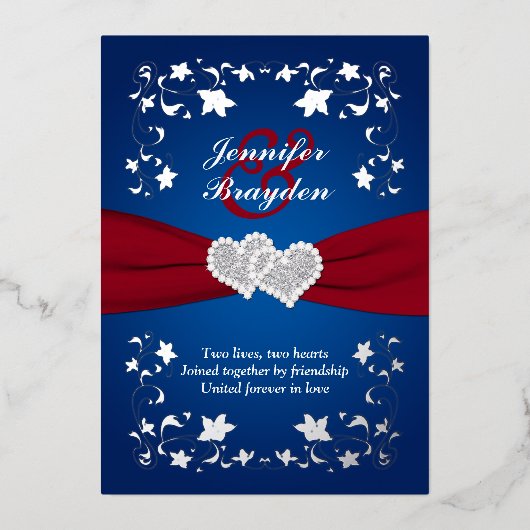 Hochzeitsfeiern mit Silberflur, Rot, Blau Folieneinladung (Vorderseite)