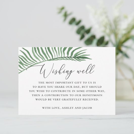 Hochzeitsfeiern mit tropischen Palmen im Wasserfar Begleitkarte (Stehend Vorderseite)